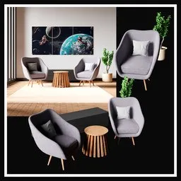 Modern 3D Rendered Interior with Elegant Chairs, Side Table, Plants, and Space-Themed Wall Art.