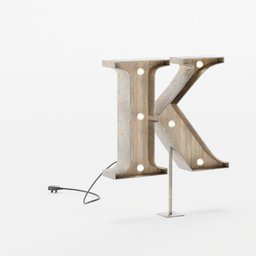 Realistic 3D model of a lit vintage marquee letter K with wooden finish and rigged cable, suitable for Blender rendering.