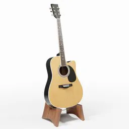 High-poly 3D acoustic guitar on stand, realistic scale and detailed textures, optimized for Blender rendering.