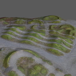 Detailed 3D model of bike park terrain with tracks and grass for Blender rendering.