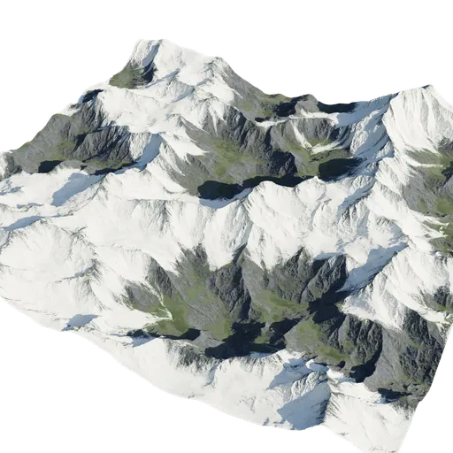Highly detailed snowy mountain range 3D model with realistic textures, ideal for Blender rendering.