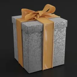 Detailed 3D render of a wrapped gift box with an ornate pattern and gold ribbon, compatible with Blender for various design uses.