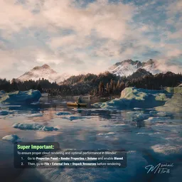 Realistic 3D winter landscape with icy waters, boats, and mountains rendered in Blender and textured using Substance Painter.