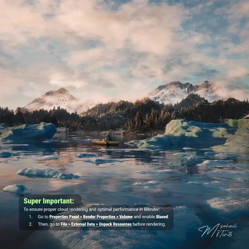 Realistic 3D winter landscape with icy waters, boats, and mountains rendered in Blender and textured using Substance Painter.