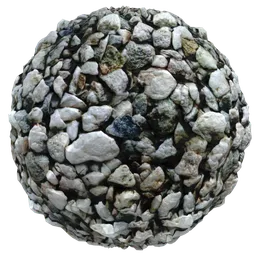 PBR seamless rock texture for 3D materials with adjustable color, scale, rotation, roughness, metallic, and displacement settings.