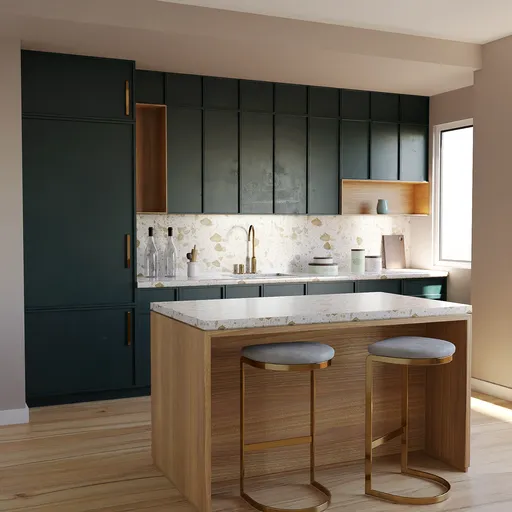 Realistic Blender 3D rendered modern kitchen scene with accurate materials and lighting, suitable for creative use.