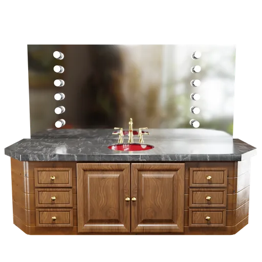 3D-rendered wooden vanity with marble top and lighted mirror, textured in Substance Painter.