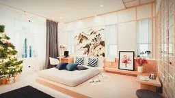 Culturally diverse 3D bedroom interior with Asian-inspired decor, rendered in Blender Cycles.