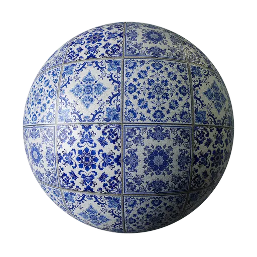 Detailed blue and white PBR artistic tile texture for 3D modeling in Blender and other software.
