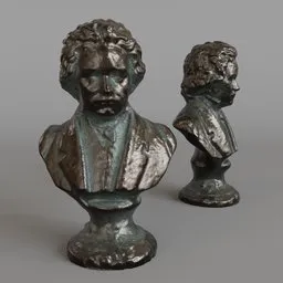 Realistic 3D model of a composer bust created in Blender, showcasing detailed textures and lighting effects.