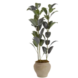 "Realistic rubber plant 3D model in a pot with accent lighting, inspired by Sardar Sobha Singh and rendered in Payne's grey. Highly detailed and optimized for Blender 3D. Perfect for indoor nature scenes."
