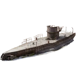 "Explore the historic watercraft with our Beached Old Submarine PBR Scan 3D model for Blender 3D. This ultra-detailed, high polygon model portrays an abandoned submarine with realistic textures and a desolate atmosphere. Despite some minor artifacts, it's a great addition for anyone looking for a realistic representation of a half-cropped war thunder game submarine."