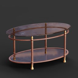 "Modern oval glass table with gold base and intricate copper details, ideal for close-up shots. Perfect 3D model for Blender 3D with polished textures inspired by Nicolas Froment and Cecilia Beaux."