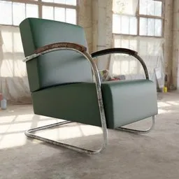 Realistic Bauhaus-style 3D armchair model with chrome frame for Blender rendering and visualization.