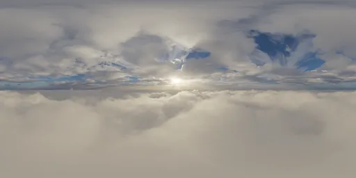 Aerial HDR image capturing sunrays piercing through a dense cloudscape, ideal for realistic lighting in 3D scenes.