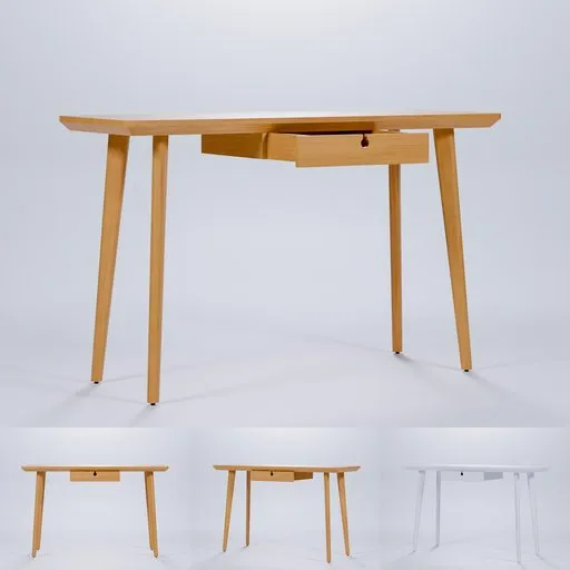 Detailed wooden desk 3D model with drawer, ideal for Blender rendering and architectural visualization.