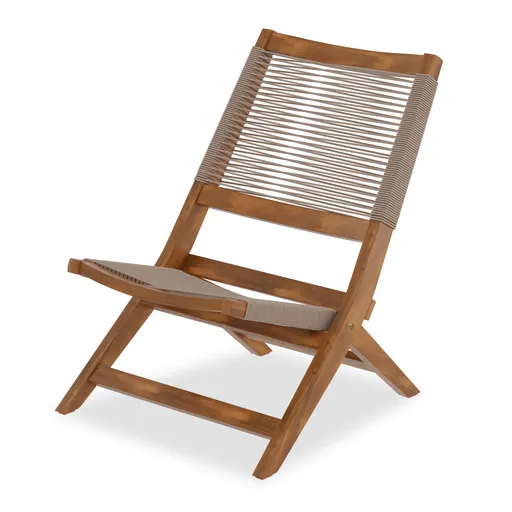 3D rendered folding lounge chair made of eucalyptus with polypropylene ropes, portable and durable for outdoor meditation seating.