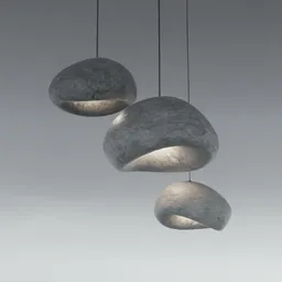 Three contemporary pendants with a textured grey finish, designed in Blender 3D for modern interior renderings.