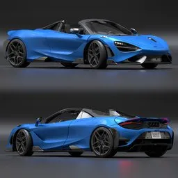 Highly detailed Blender 3D model of a blue McLaren 765LT Spider 2022 with exterior and interior, doors open.