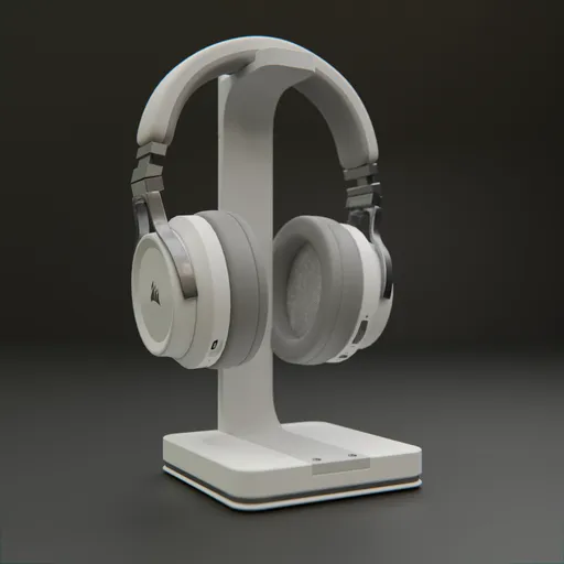 Highly detailed 3D-rendered headset on stand for Blender modeling reference or asset.