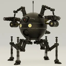 "War robot - a symmetrical dieselpunk warrior, inspired by Irvin Bomb, stands on a white surface. This 3D model, created with Blender 3D, features mechanical spider legs, a hovering drone, and a robotic anthro dolphin. Get ready for battle with this powerful and futuristic creation for Blender 3D enthusiasts."