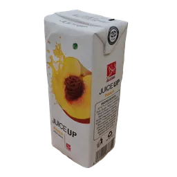 Realistic 3D model of a peach juice carton with detailed textures and quad topology for Blender rendering.