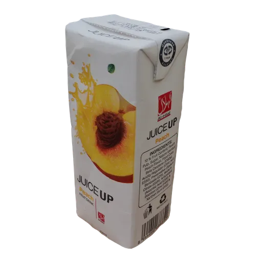 Realistic 3D model of a peach juice carton with detailed textures and quad topology for Blender rendering.