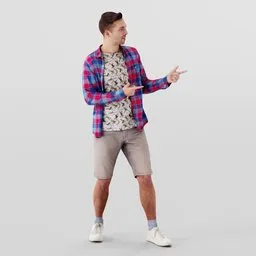 Party-goer man in plaid shirt and shorts