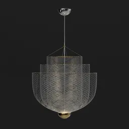 "Meshmatics LED Chandelier by Moooi, a stunning ceiling light with a unique inverted net design made of brass and steel wires. This award-winning architectural render is perfect for high-ceilinged spaces, with its expansive grand scale and pulsar-like form. Best suited for Blender 3D modeling."