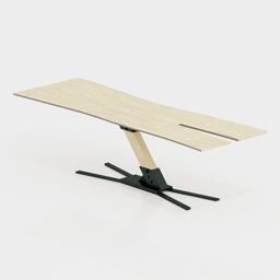 "Height adjustable oak table with natural cambium and bark, designed using Blender 3D software. Features a black metal base and sleek, post-industrial design. Perfect for a variety of settings, with various angles and viewing options available."