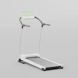 "Indoor Treadmill with Monitor - Blender 3D Model for Gymnasium and Mobile Learning App Prototype. Tall, Thin Frame with White Finish and Green Detail. Perfect for Product Design Render and Environment Design. Features Thin Body and Face Shown."