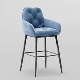"Milano barchair, a stylish and modern bar chair with blue velvet upholstery and painted wooden legs. Standing tall at 110 cm with a comfortable seat height of 75 cm, this 3D model is perfect for rendering realistic stools and cocktail bar scenes in Blender 3D."