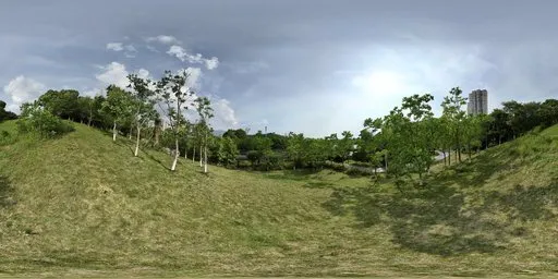 Vibrant panoramic HDR environment with sunlit blue sky and lush green grass for realistic scene lighting.