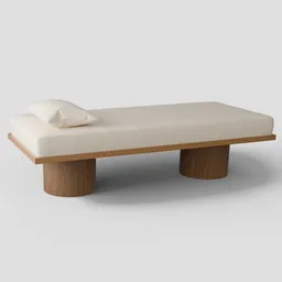Cream-colored modern chaise lounge 3D model with wood base, realistic texturing, designed for Blender rendering.