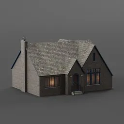 "Rustic brick cottage 3D model for Blender 3D, inspired by American gothic style with a rounded roof and gray stone. Perfect for architectural visualization and 3D rendering in Blender."