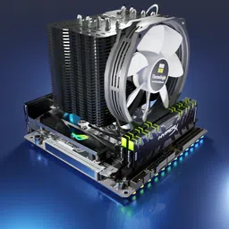 Detailed 3D model of high-end gaming motherboard with Ryzen CPU, RGB RAM, M.2 SSDs, and large CPU cooler.