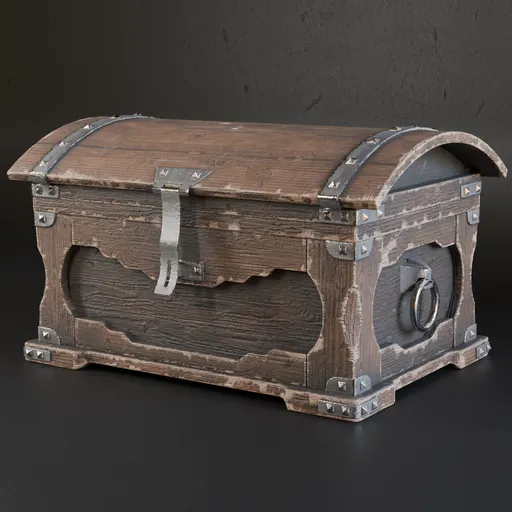 Detailed wooden chest 3D model with metal straps and lock, ideal for game and various virtual environments.