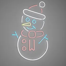 "Christmas Neon Sign Snowman Wall Light in Blender 3D: Featuring a cute wireframe snowman with a hat and scarf, illuminated with neon tube lights in pastel colors of pink, yellow and blue. Perfect festive decoration for the winter season!"