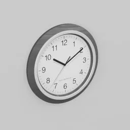 Realistic 3D model of a black and white analog wall clock, detailed with hour, minute, and second hands.