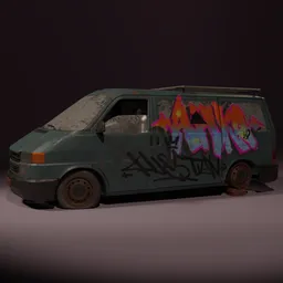 Detailed 3D model of a weathered, graffitied van with realistic textures, ideal for Blender rendering.