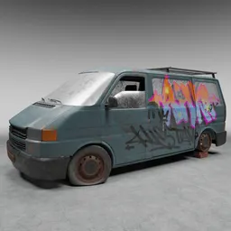 Detailed 3D model of a weathered, graffitied van with realistic textures, ideal for Blender rendering.