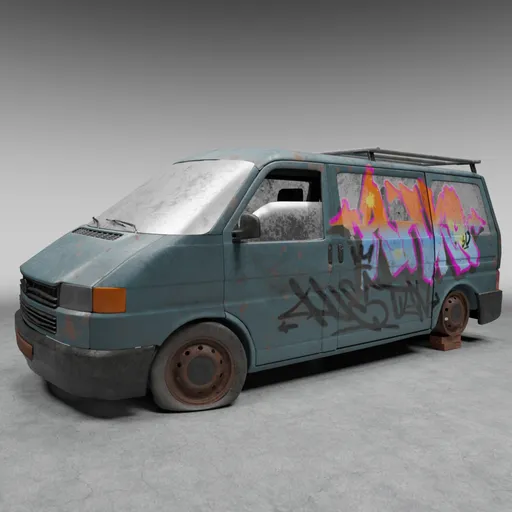 Detailed 3D model of a weathered, graffitied van with realistic textures, ideal for Blender rendering.