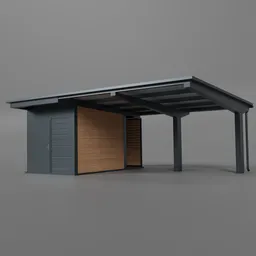 "Modern Car Shed with Storage Space for Blender 3D" - This sleek and spacious car shed is perfect for those in need of a stylish and functional storage solution for their vehicles. With enough room for two cars and additional storage space, this Blender 3D model is ideal for houses without a garage.