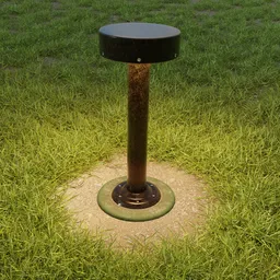 "A 3D model of a garden light, inspired by Vladimír Vašíček and created with Blender 3D software. This model features a black and brown fire hydrant, green matrix light, and a brutalism style stool, set in a park with subsurface illumination. Perfect for enhancing your cityscape scenes."