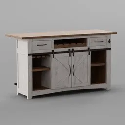 Wooden 3D model of a kitchen island with storage drawers and shelves, designed for use in Blender.