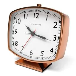 "Blender 3D model: Retro style alarm clock with a clear bronze face, sitting on a stand on a white surface. Features include SVG vector, computer-rendered design, and copper elements. Perfect for precisionism enthusiasts and those looking for an official product photo. Inspired by Peter Tarka and Safehavenhq's design style."