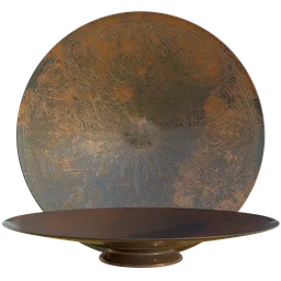 "Blender 3D model of a fruit decorative plate with intricate copper details and a brown base. This 3D rendered model features an iridescent venetian blown glass design and a planet in the sky. Perfect for adding a touch of elegance to your tableware set."