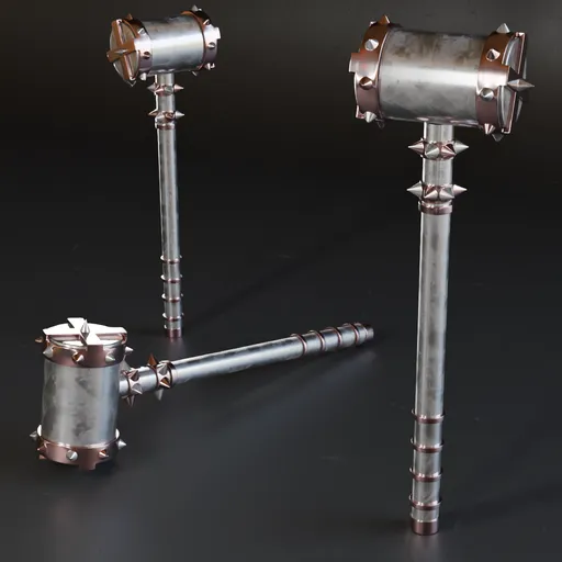 Detailed low poly 3D mace model with high quality metal textures, ideal for Blender war game design.