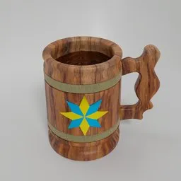 Detailed Blender 3D rendering of a wooden medieval beer mug with a colorful emblem, suitable for knight-themed visualizations.