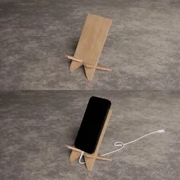 Realistic 3D-rendered wooden phone stand for iPhone Pro Max, compatible with Blender software.